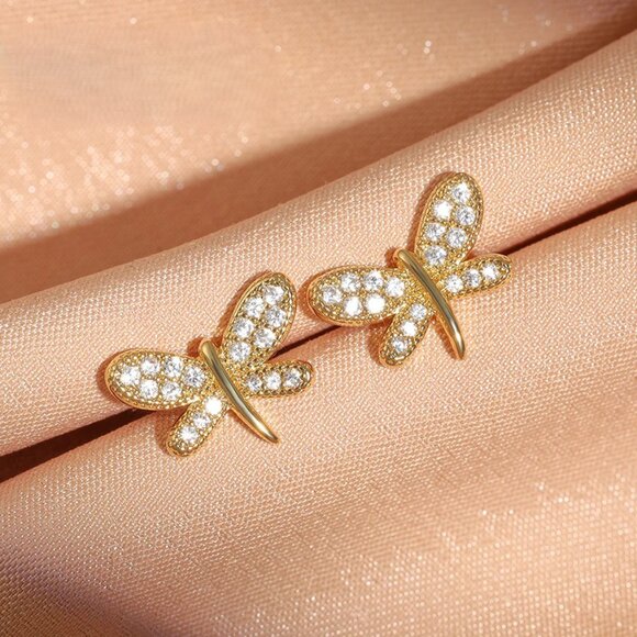 Hallmark Fine Jewelry Dragonfly Stud Diamond Earrings in  14K Gold Womens 1ct Diamond Dragonfly Stud Earrings New 14K Silver Studs Jewelry